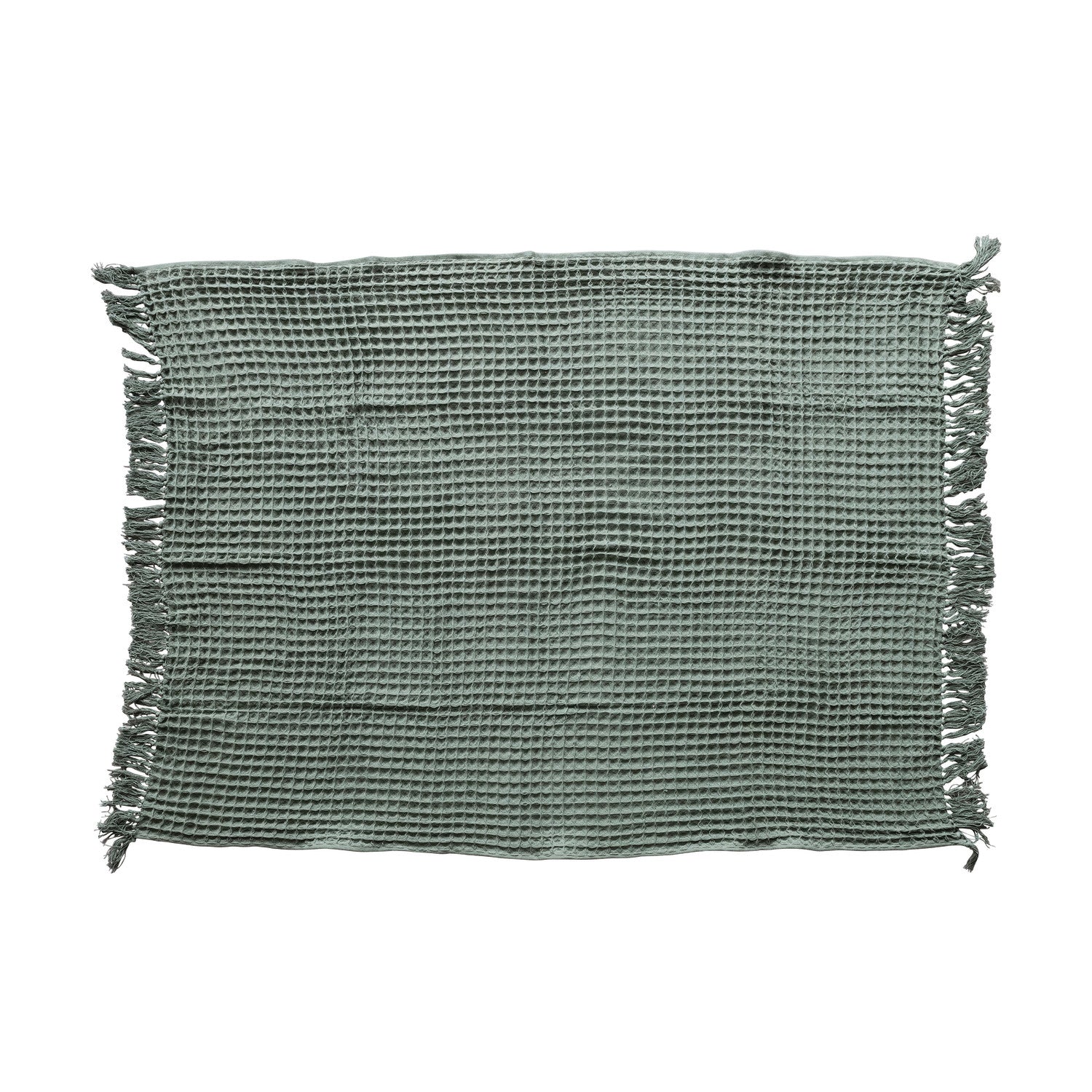 Waffle Weave Throw with Fringe, Green, Tied with Kraft Paper & Tape