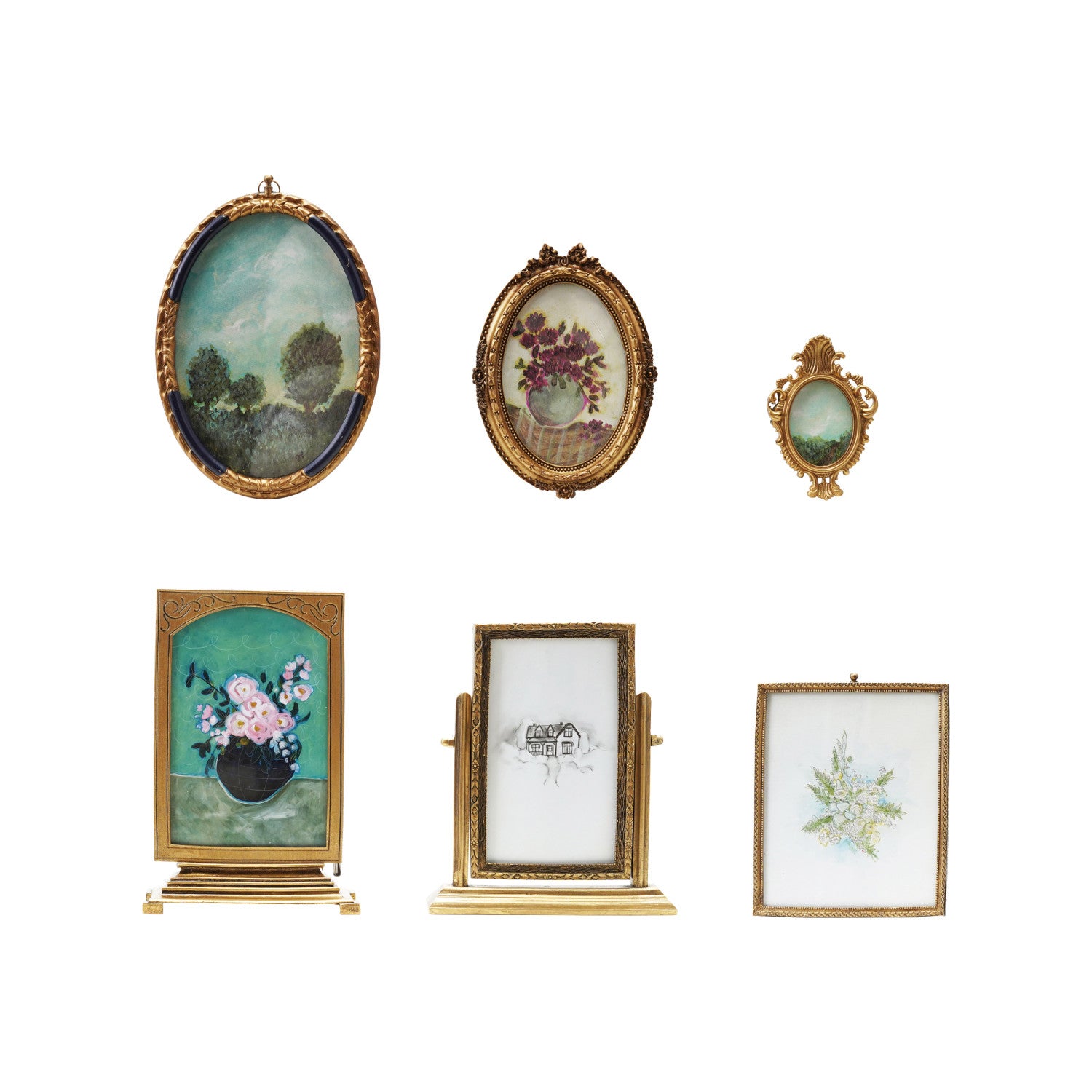 Pewter & Glass Photo Frames with Art, Set of 6 ©