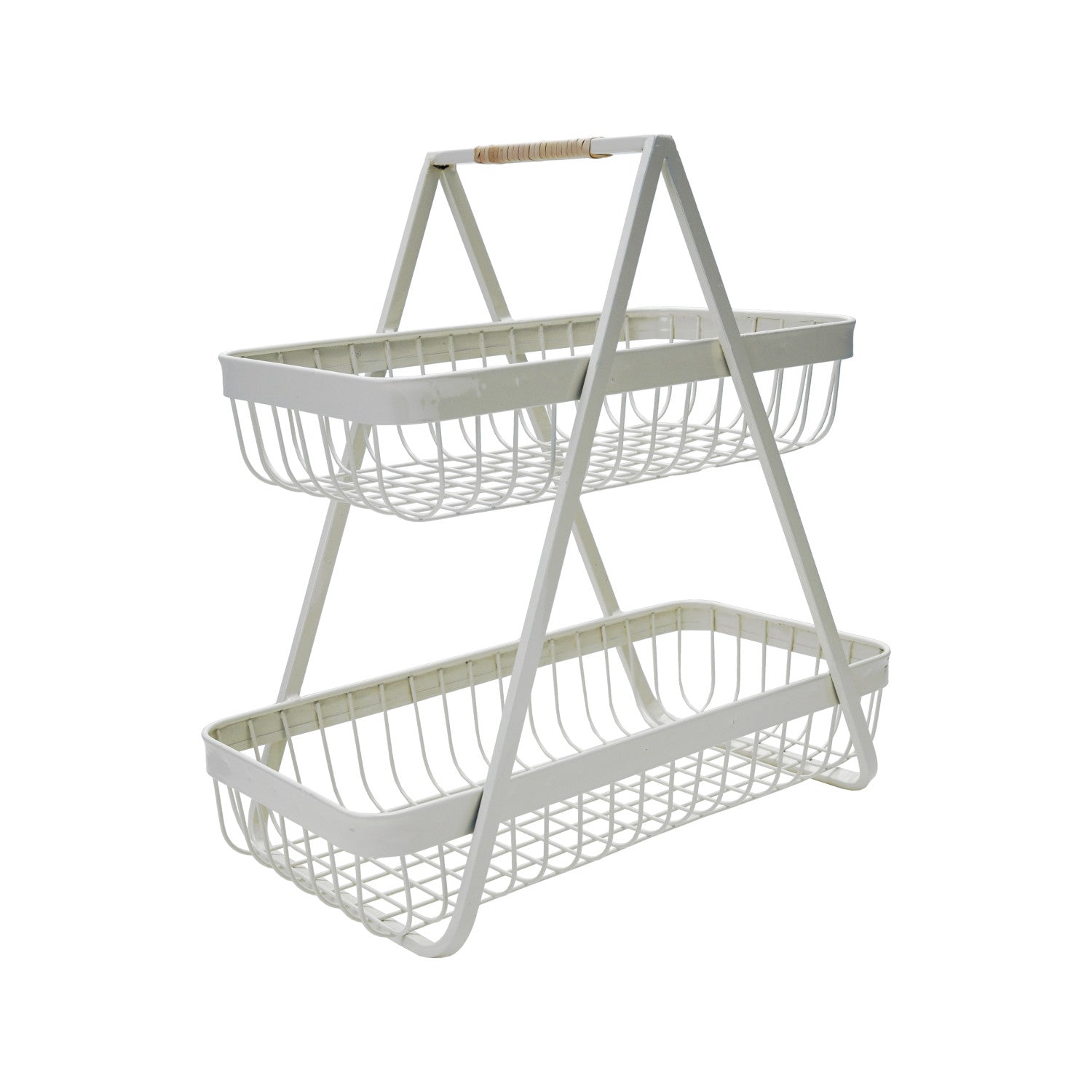 Decorative Metal 2-Tier Tray with Rattan Wrapped Handle, White