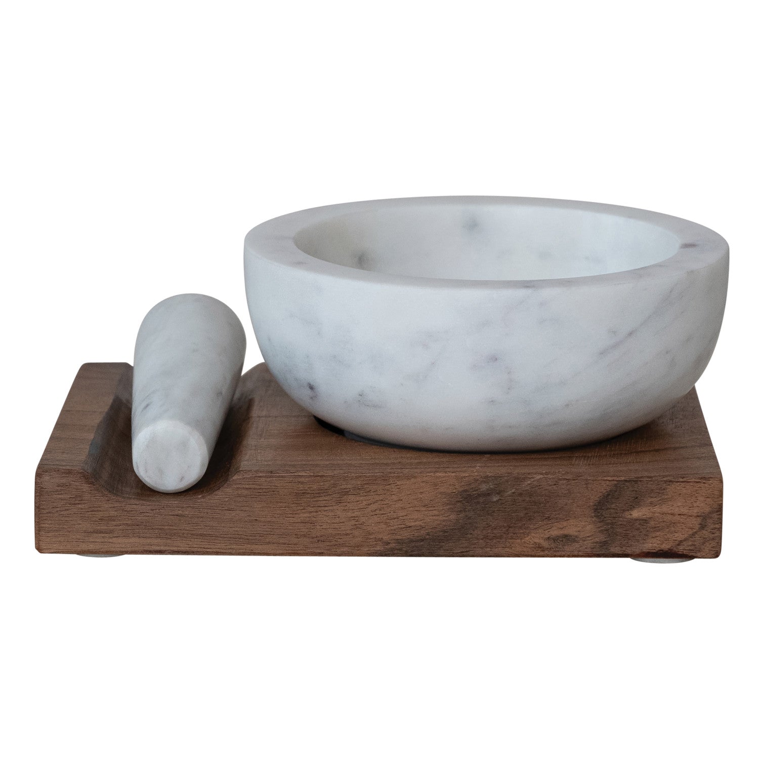 Acacia Wood Base w/ Inset, Marble Mortar & Pestle, White & Natural, Set of 3