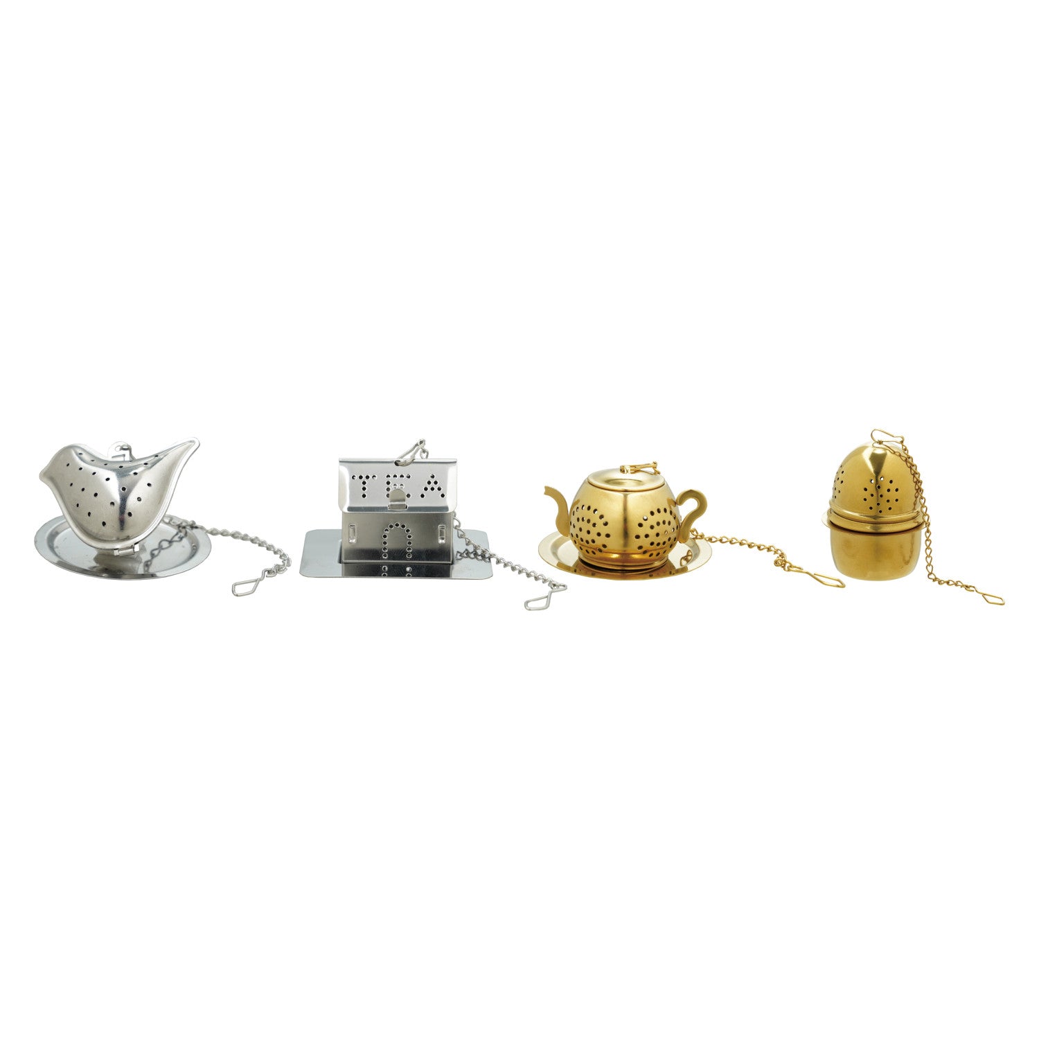Stainless Steel Shaped Loose Tea Infuser with Dish, Gold/Nickel Finish, Set of 2, 4 Styles