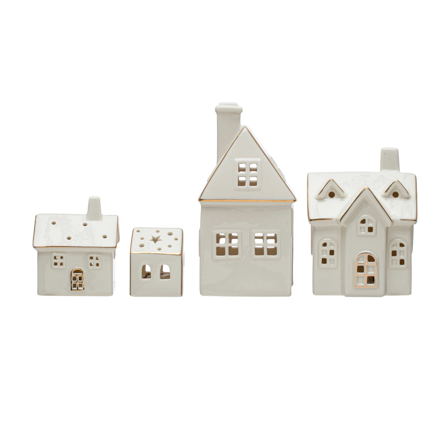 Stoneware Village w/ LED Lights & Gold Electroplating, Set of 4 (Batteries Included)