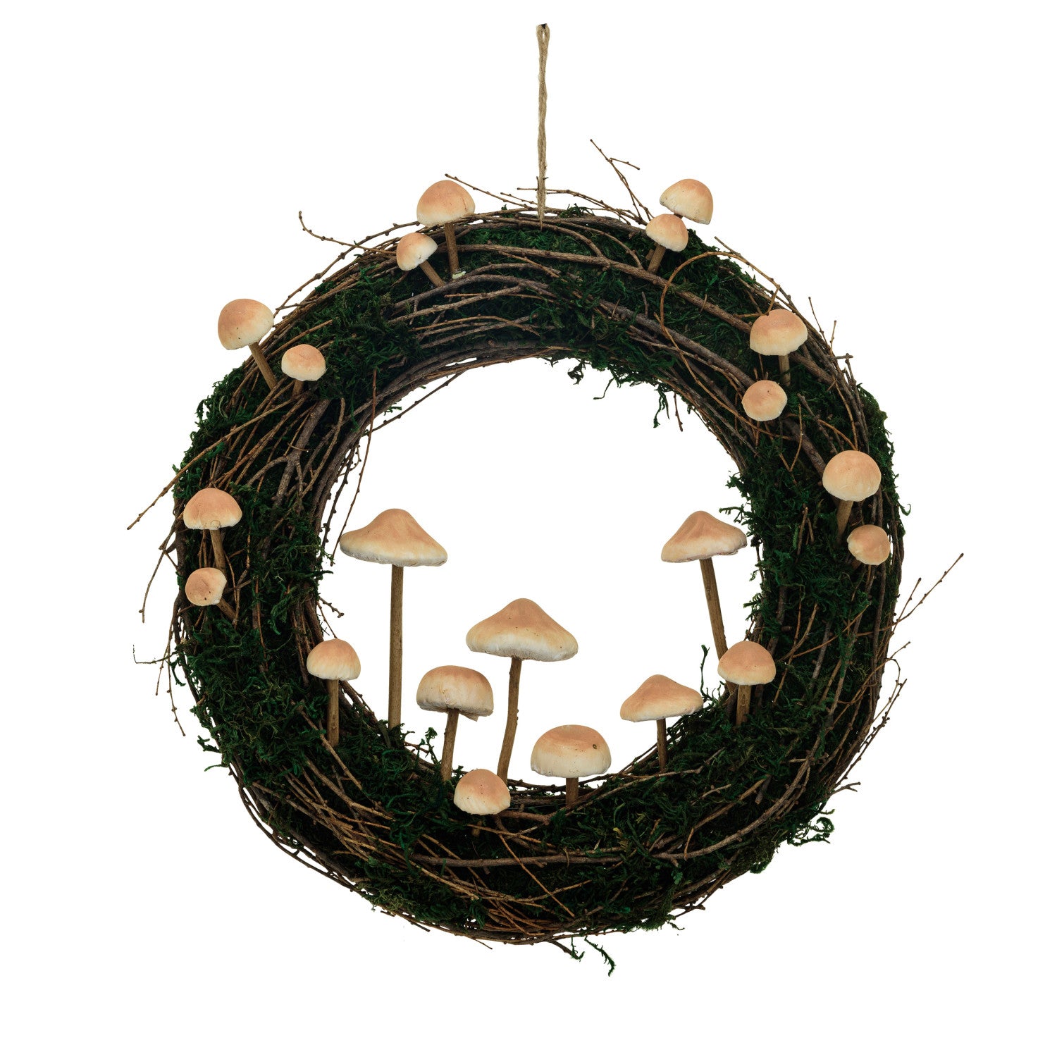 Twig & Moss Wreath w/ Foam Mushrooms, Natural & Tan Color