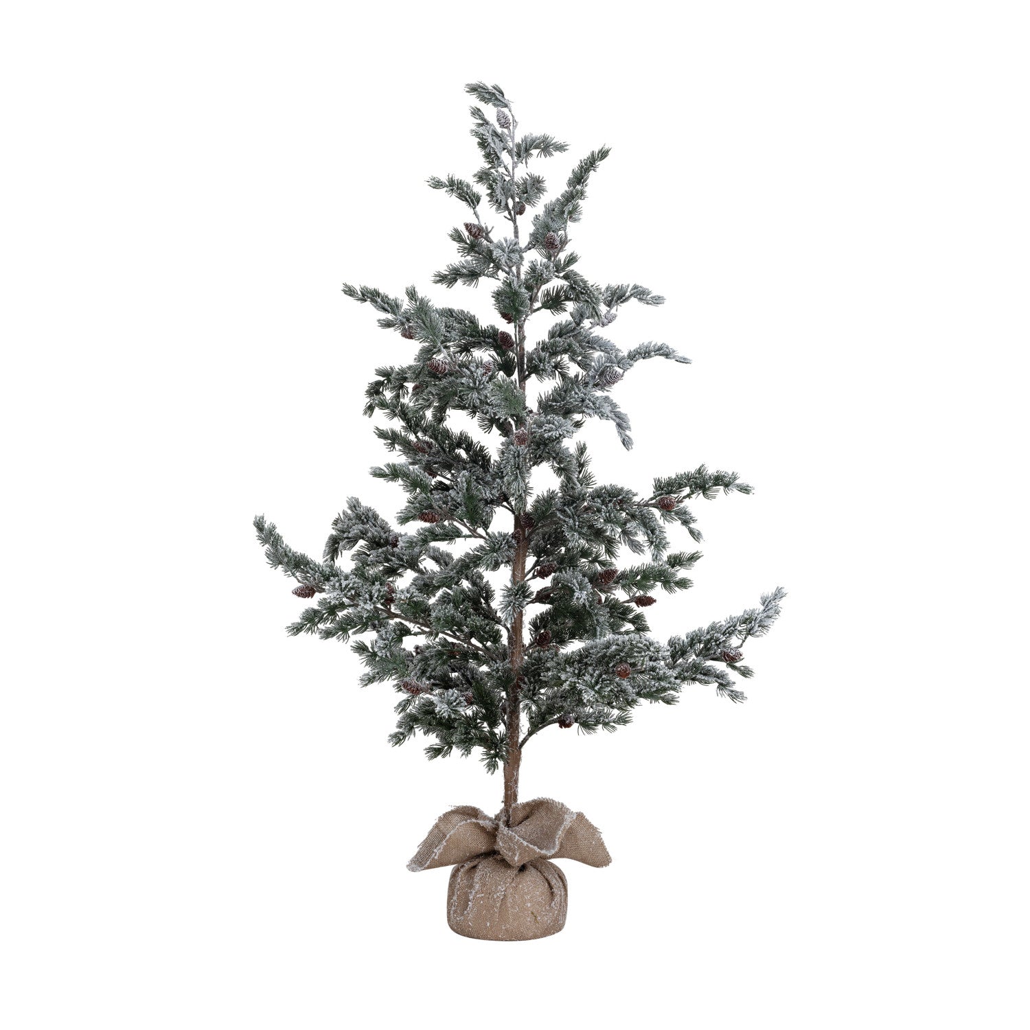 Faux Evergreen Tree in Burlap Sack, Snow Finish, Green & Natural, KD