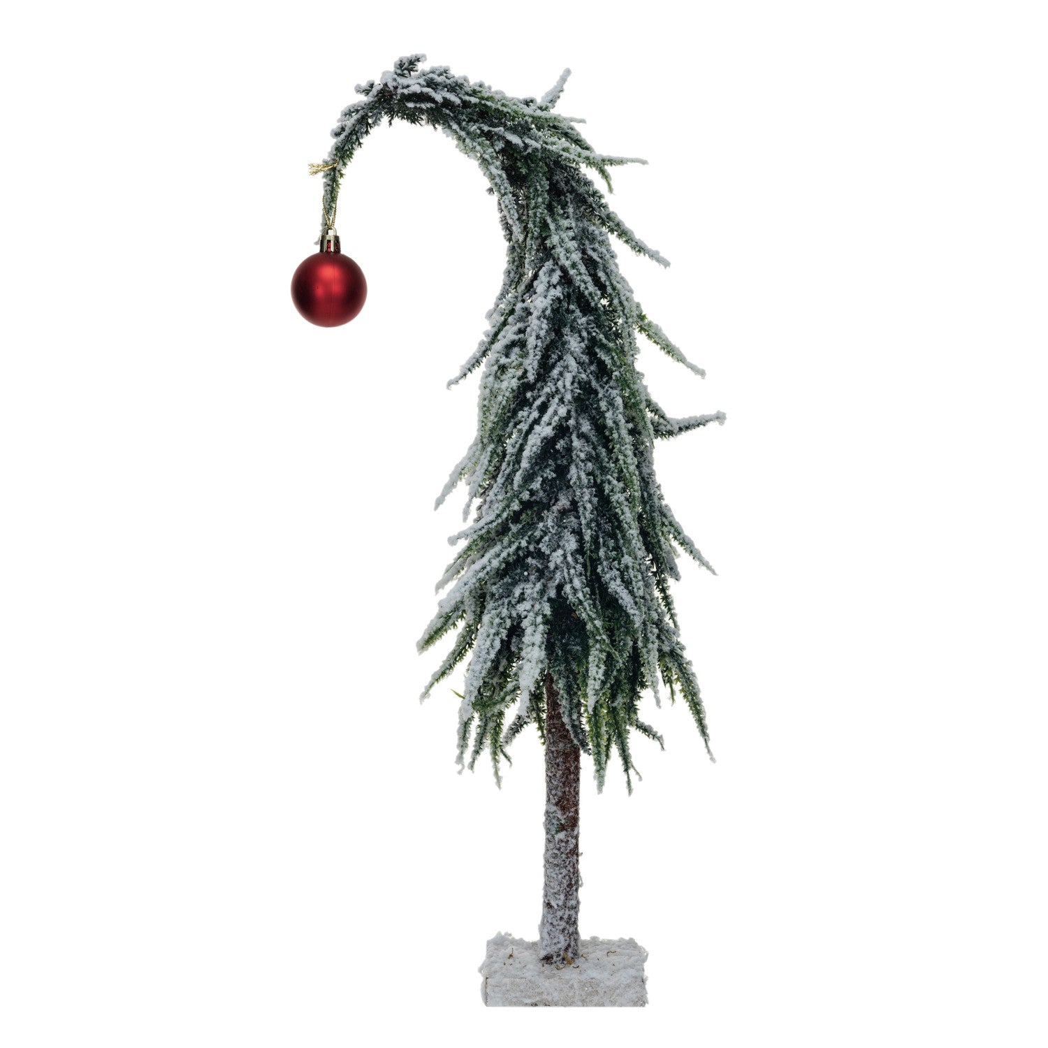 Faux Evergreen Tree w/ Red Ball Ornament & MDF Base, Snow Finish, Green & Red