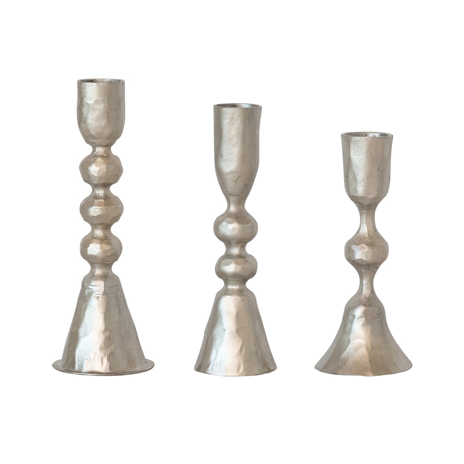 Hand-Forged Cast Iron Taper Holders, Nickel Finish, Set of 3