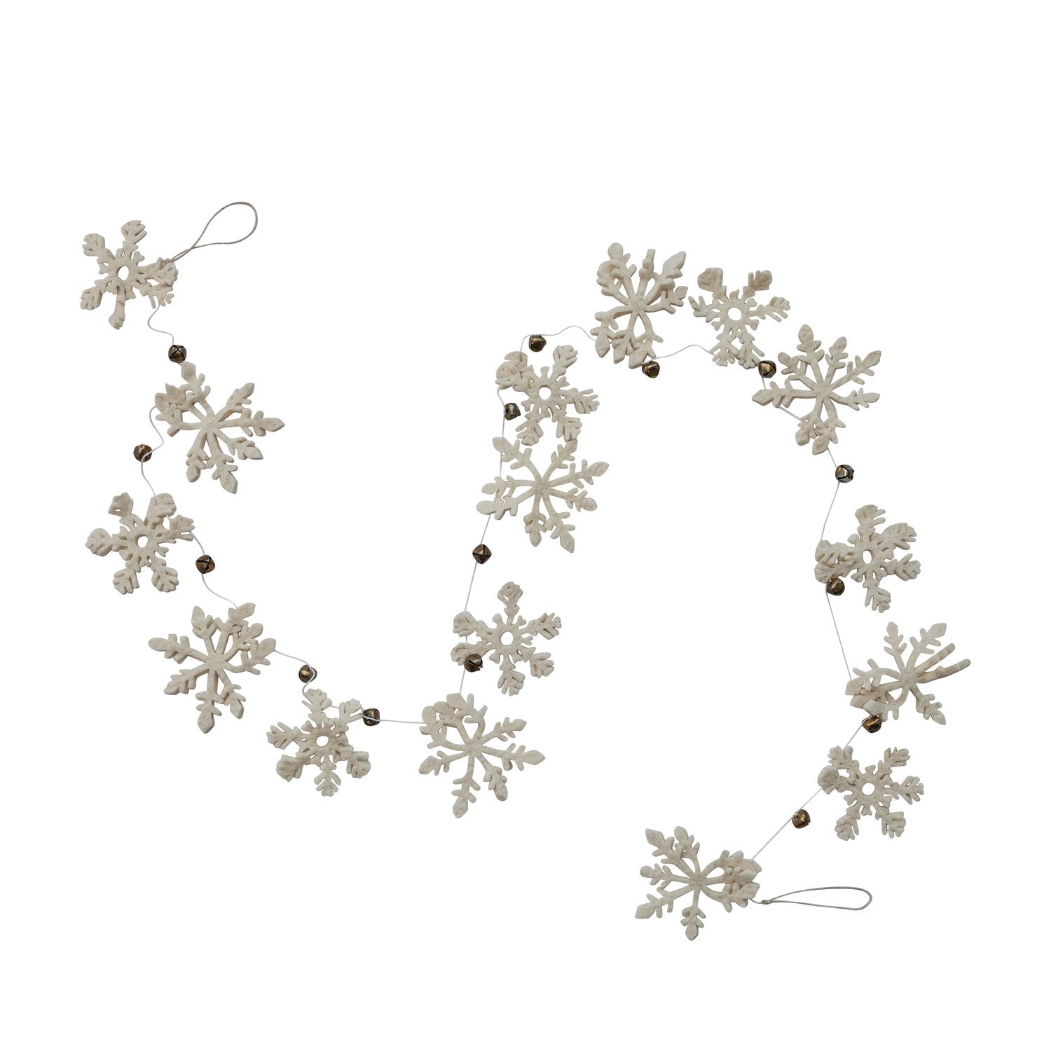 Handmade Wool Felt Snowflake Garland with Gold Finish Metal Bells