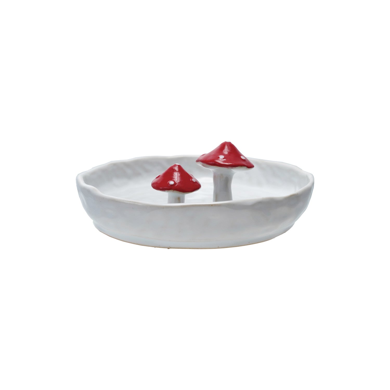 Hand-Painted Stoneware Plate with 3D Mushrooms, White & Red