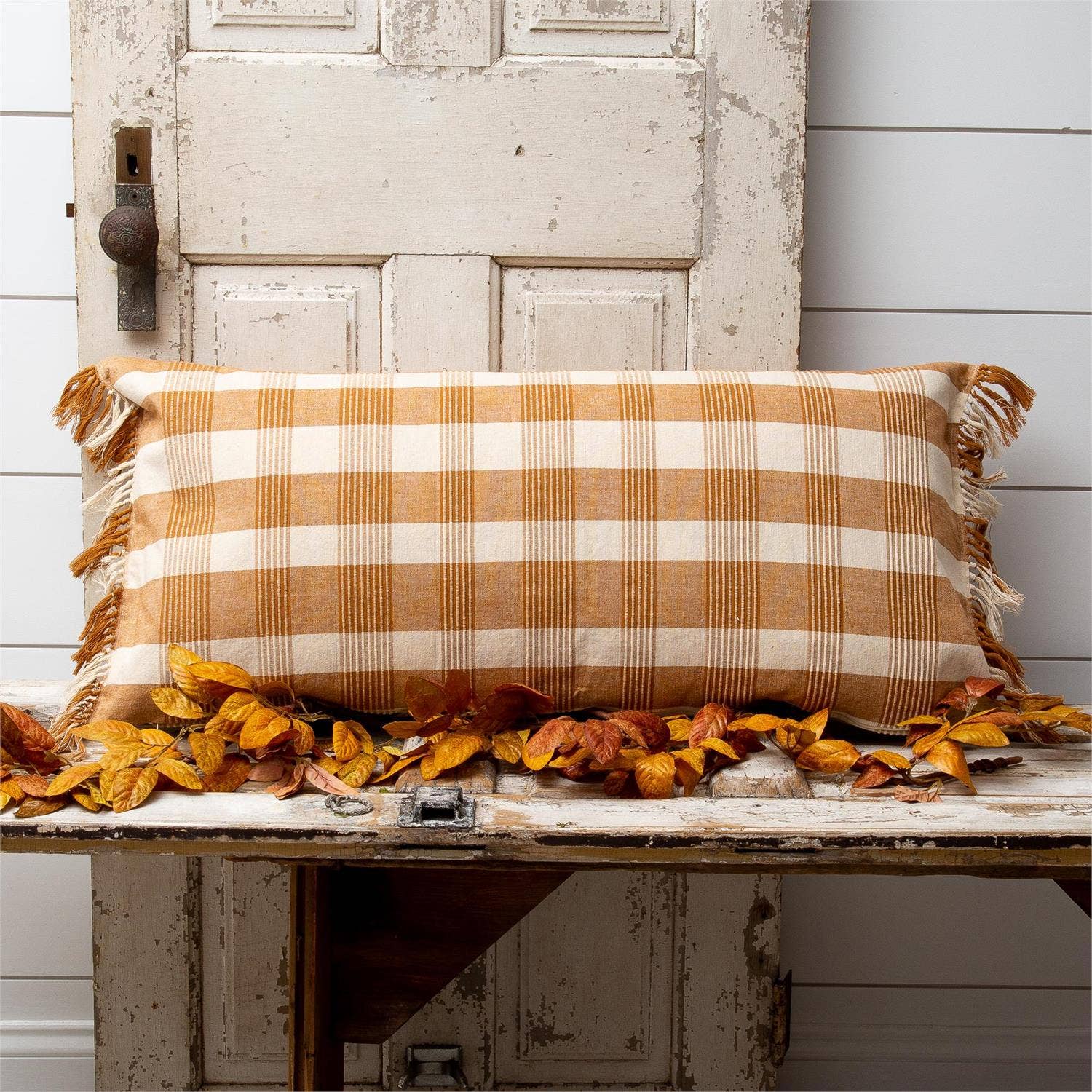 Woven Ochre Plaid Lumbar Pillow