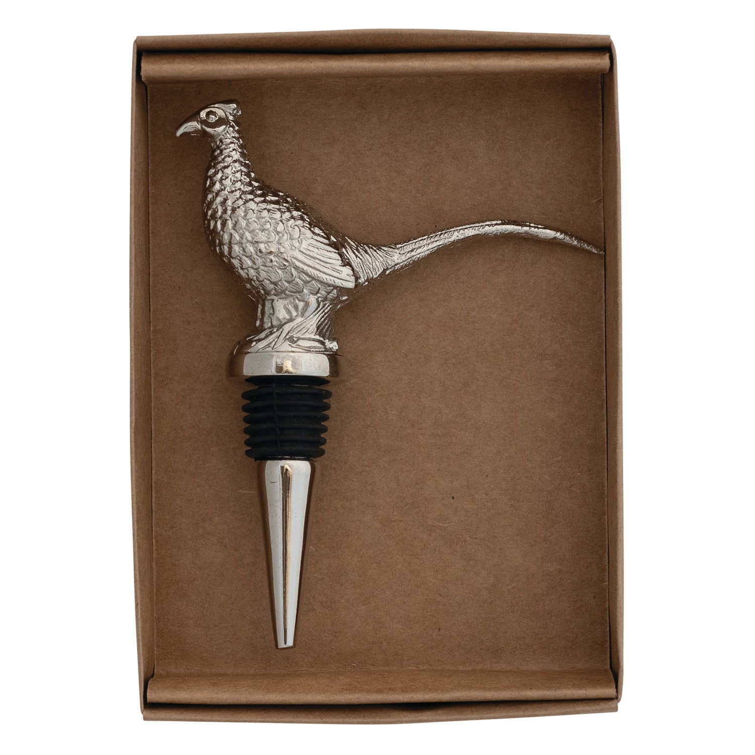 Cast Aluminum Pheasant Bottle Stopper in Kraft Box, Nickel Finish