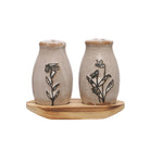 Stoneware Salt & Pepper Shakers w/ Tray, Set of 3 (Each One Will Vary) ©