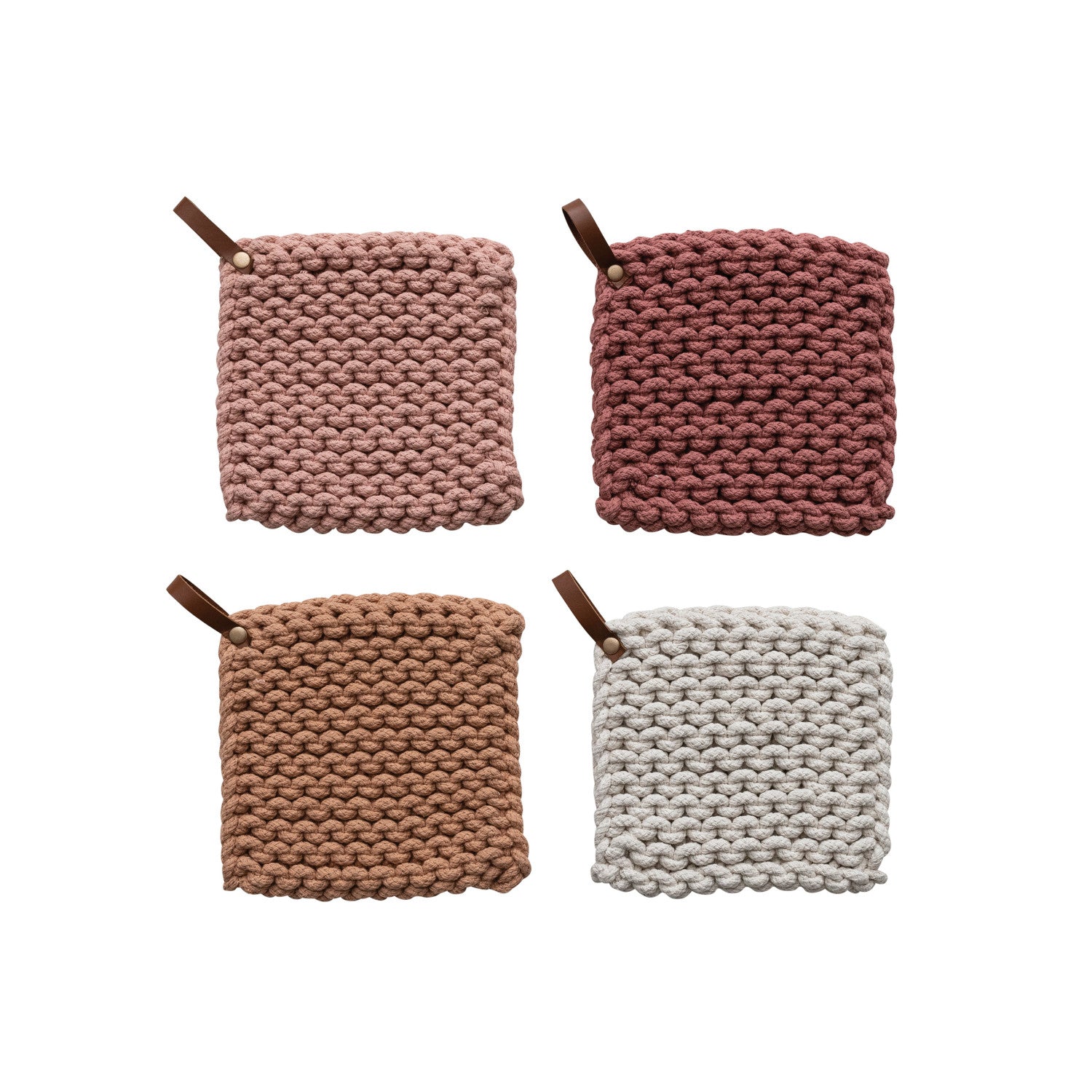 Cotton Crocheted Pot Holder w/ Leather Loop - Thumbnail 2