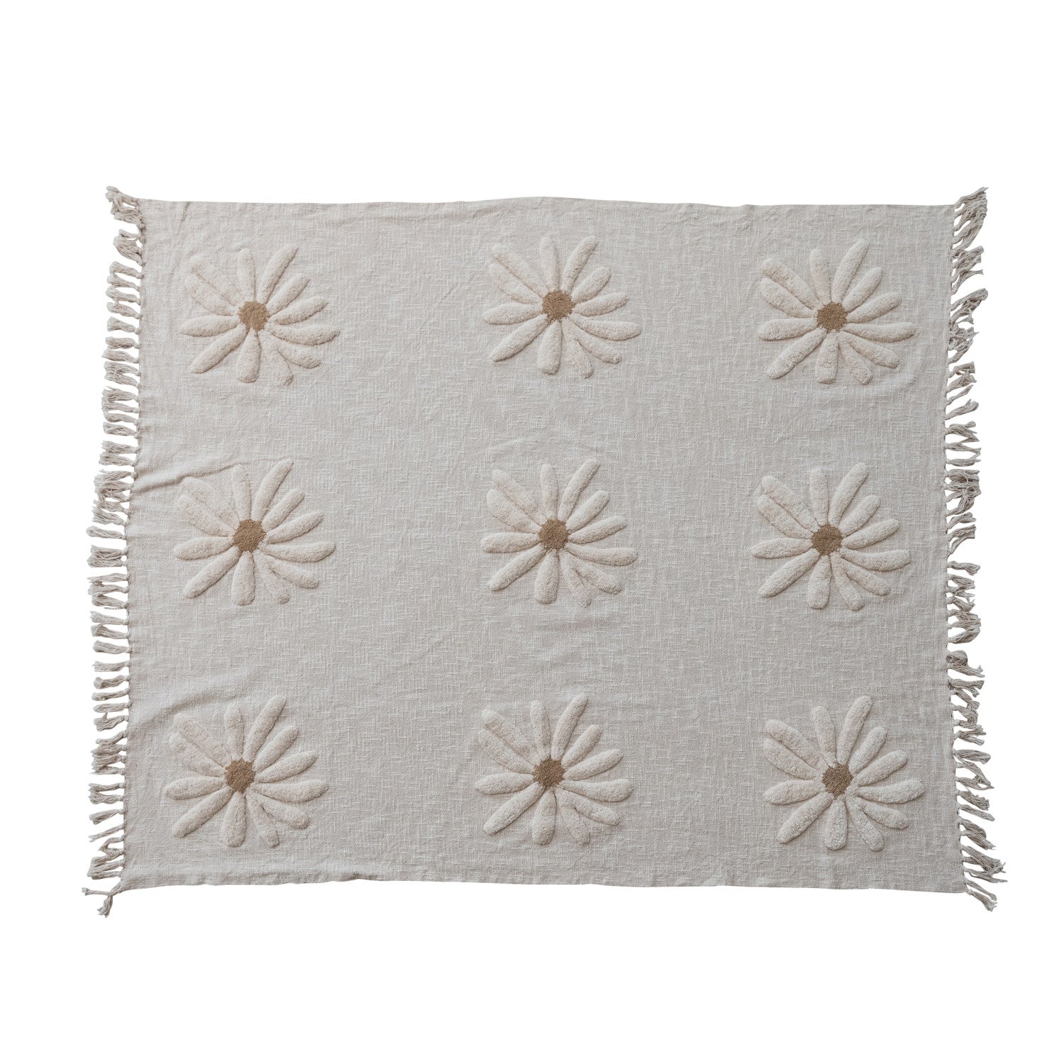 Cotton Slub Throw with Tufted Flowers & Fringe, Natural & Tan Color