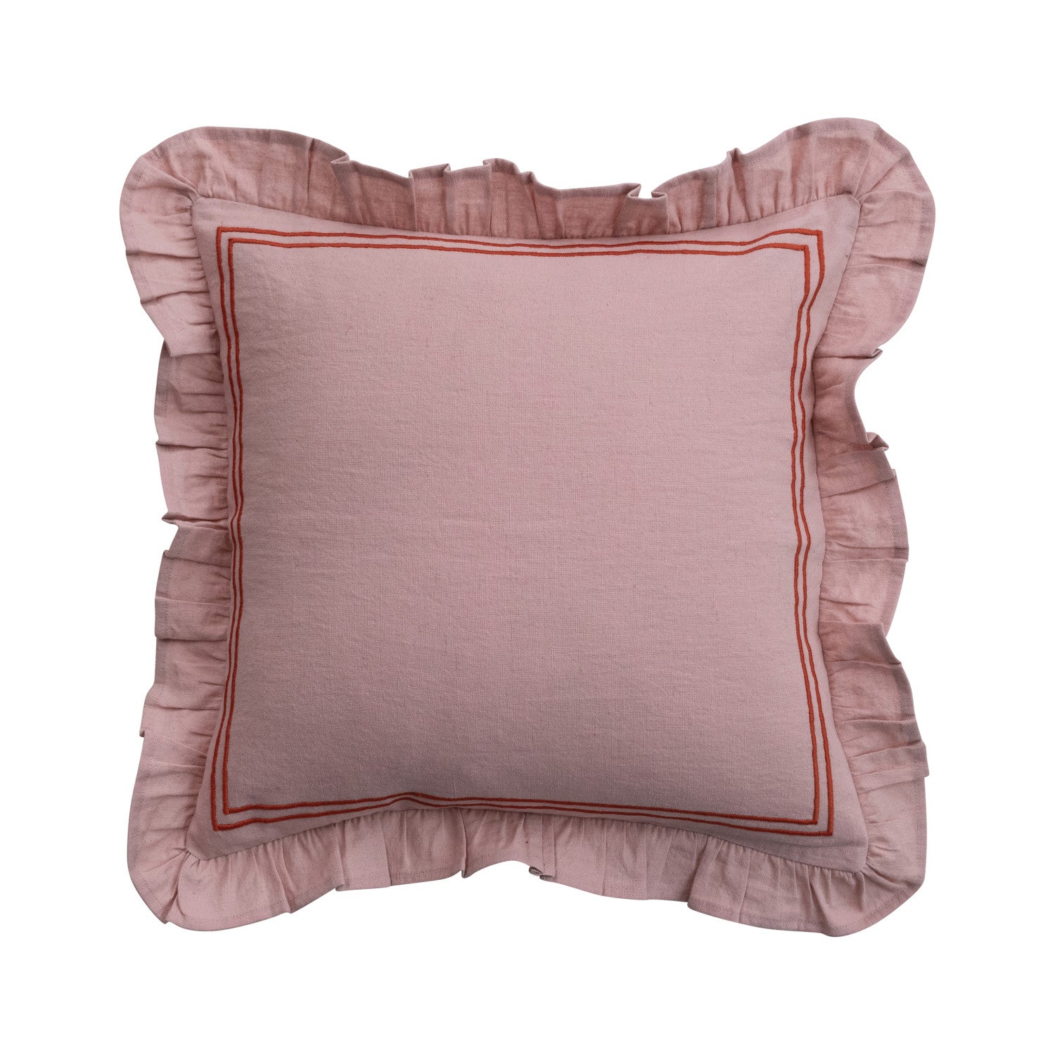 Cotton & Linen Pillow w/ Embroidered Stripes & Ruffle, Pink & Coral Color