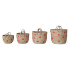Hand-Woven Seagrass Baskets with Embroidered Hearts & Handles, Natural & Red, Set of 4