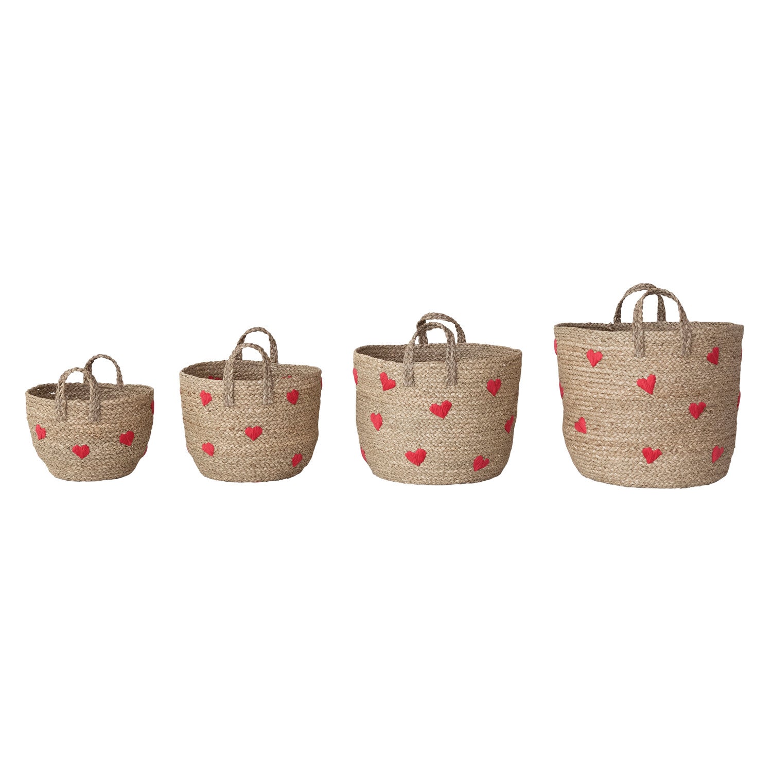 Hand-Woven Seagrass Baskets with Embroidered Hearts & Handles, Natural & Red, Set of 4