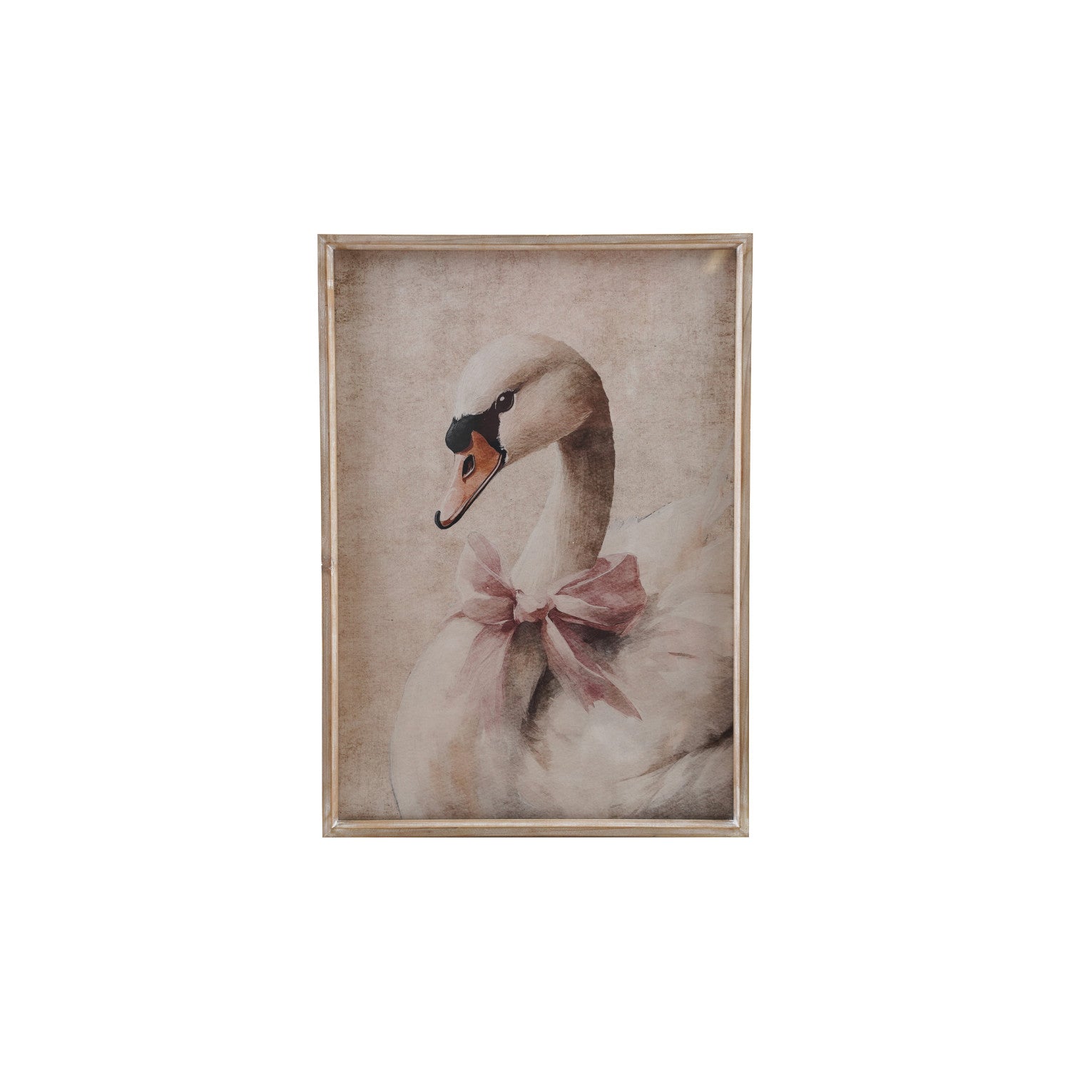 Wood Framed Glass Wall Decor with Swan in Bow, Distressed Finish
