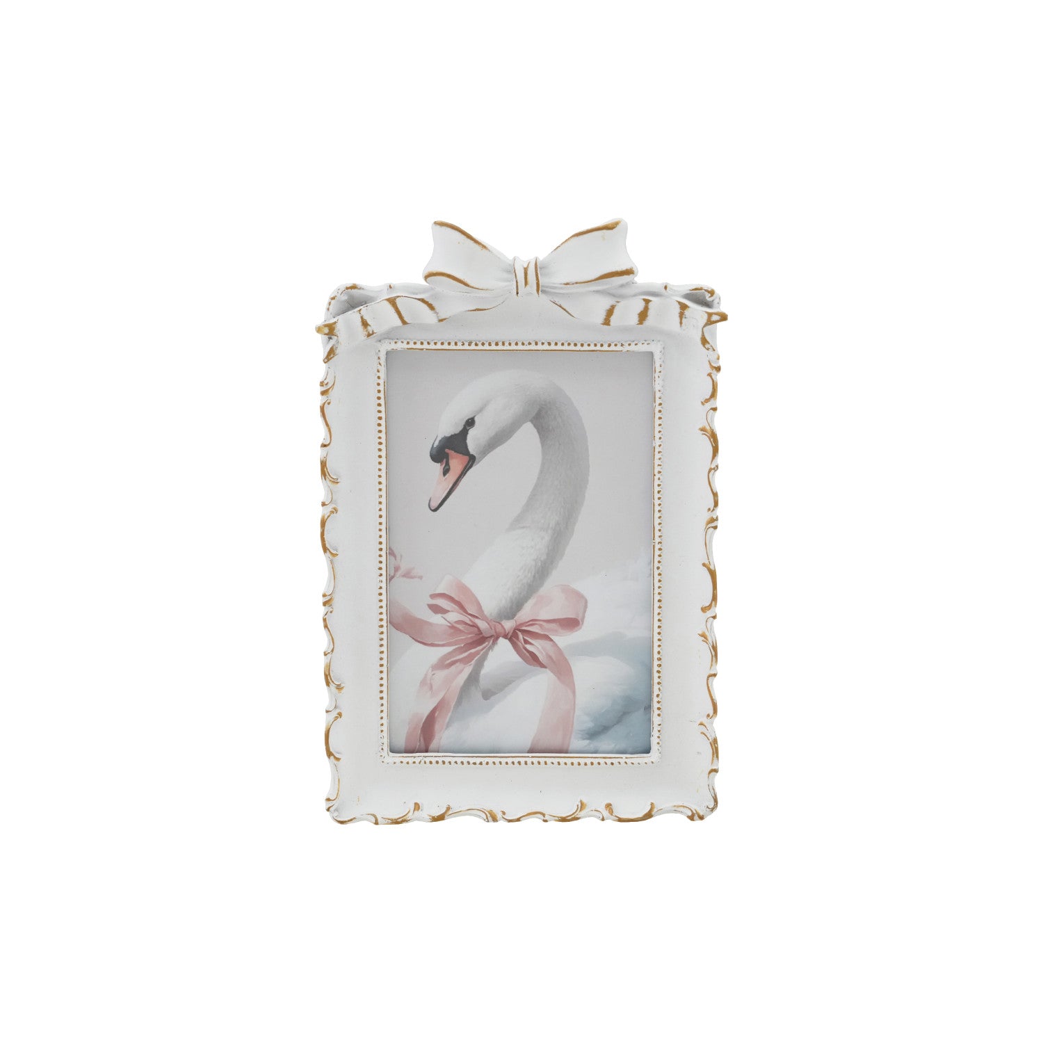 Plastic Photo Frame with Bow, Antique White & Gold Finish (Holds 4" x 6" Photo)