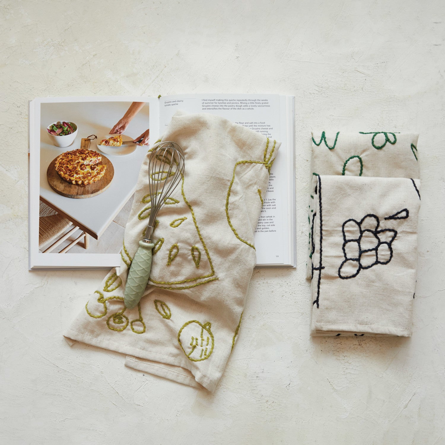 Woven Cotton & Linen Tea Towel w/ Embroidery - Thumbnail 2