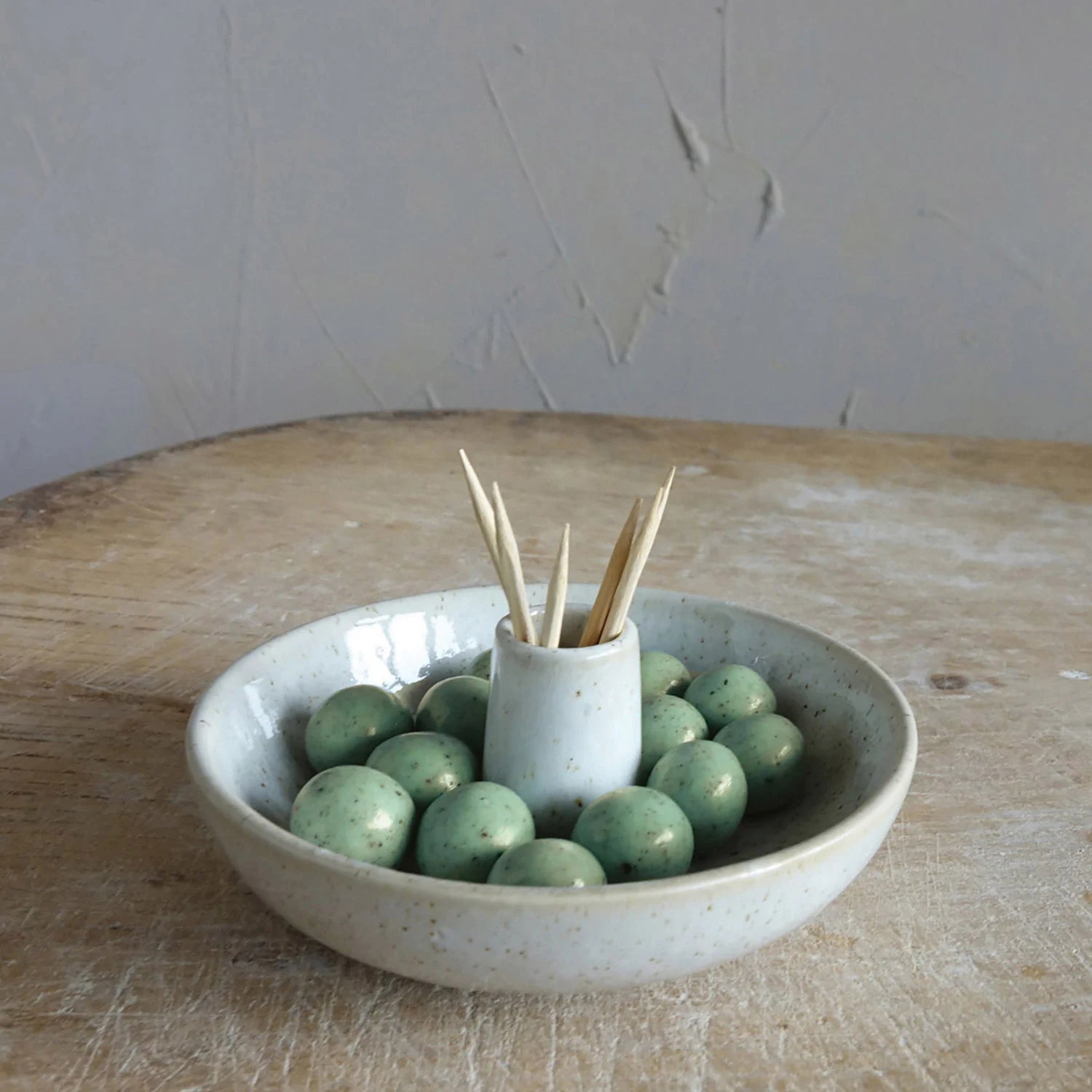 Stoneware Dish with Toothpick Holder with Glaze - Thumbnail 4