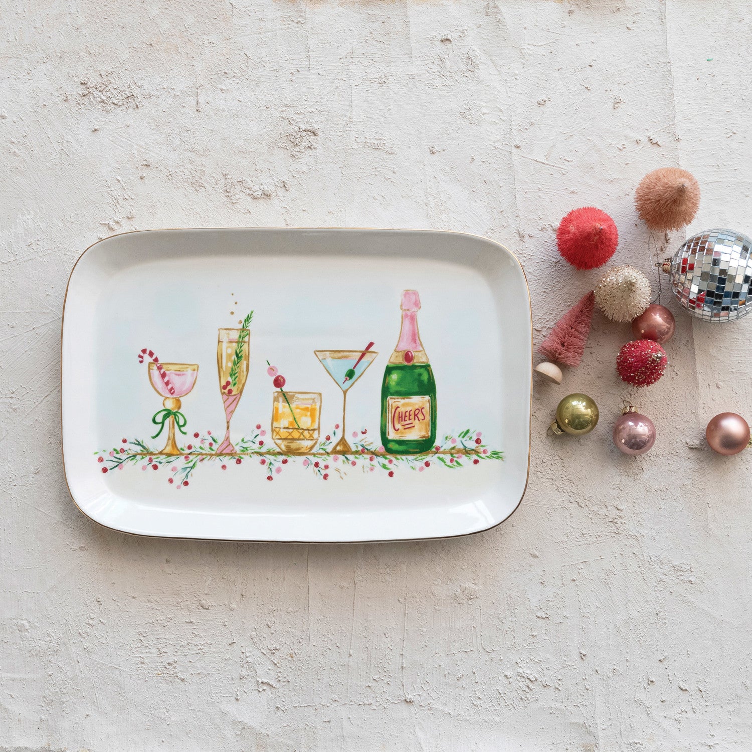 Stoneware Platter w/ Holiday Cocktails & Gold Electroplating - Thumbnail 2