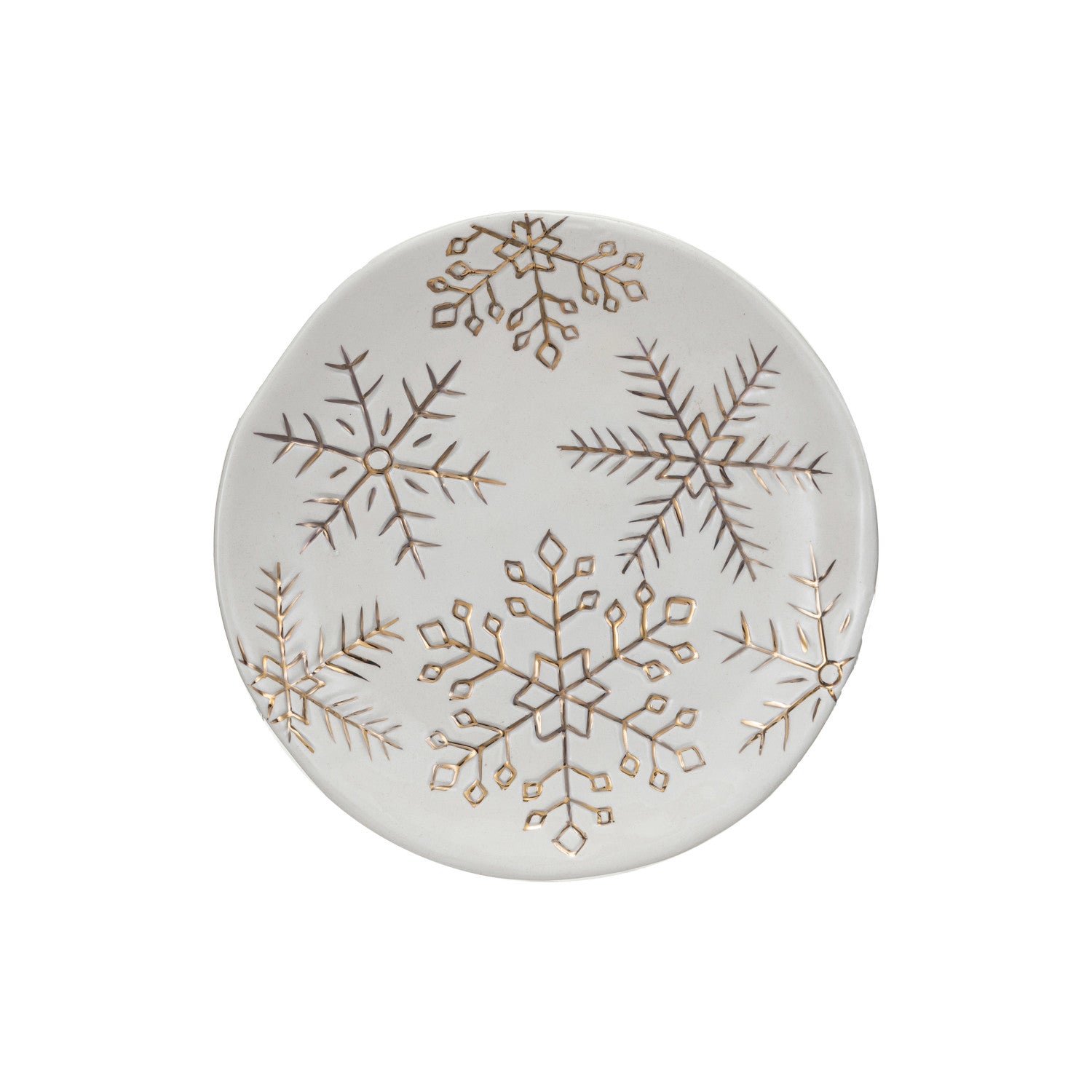 Stoneware Plate w/ Gold Electroplated Snowflakes, White