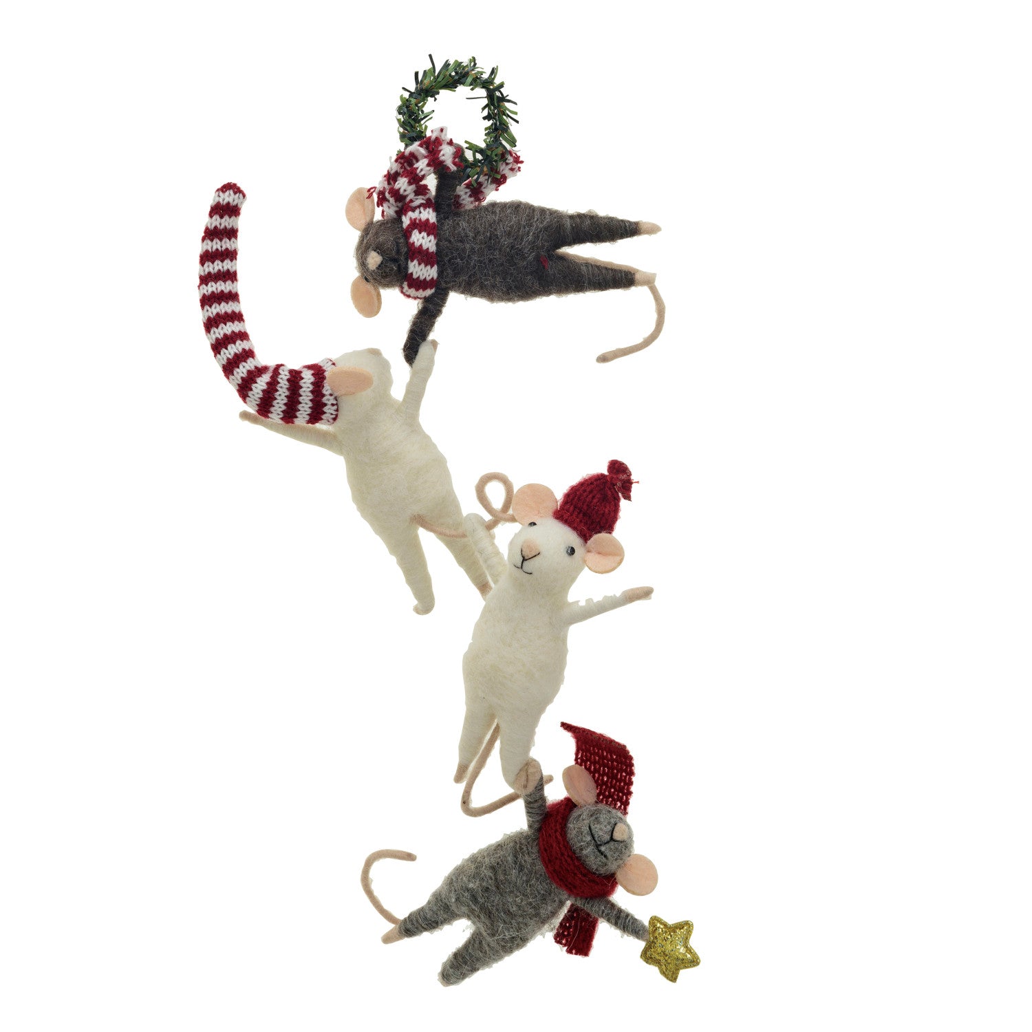 Handmade Wool Felt Mice Hanging From Wreath Ornament, Multi Color