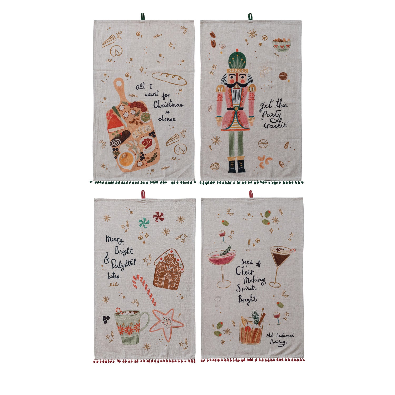 Tea Towel with Holiday Treats, Saying & Pom Pom Trim, 4 Styles ©