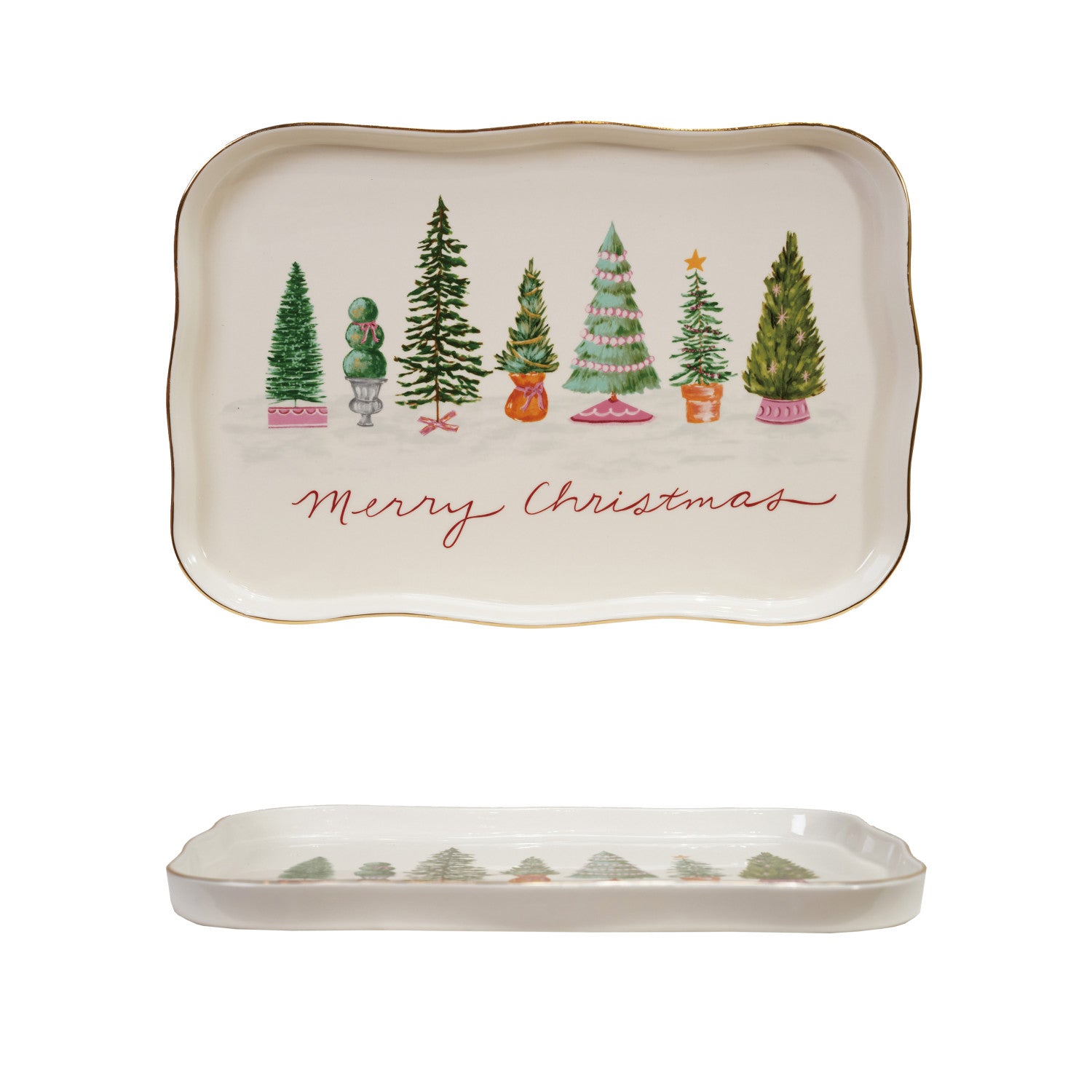 Stoneware Scalloped Platter with Trees & Gold Electroplating ©