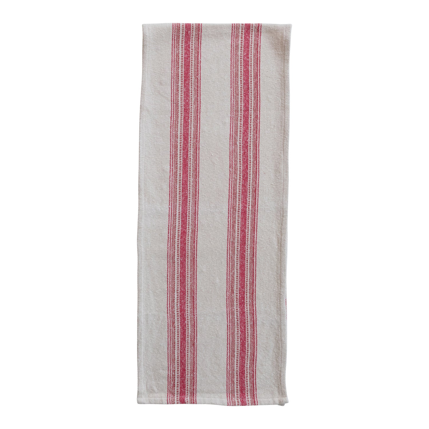 Woven Cotton Flour Sack Table Runner with Stripes, Natural & Red